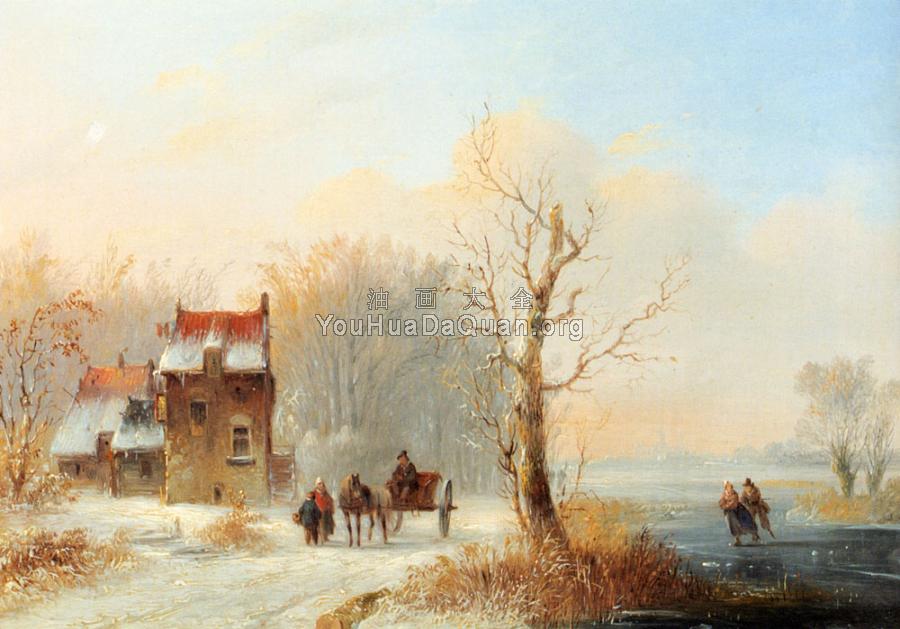 A Winter Landscape With Skaters On A Frozen Waterway And A Horse drawn Cart - 雅各布斯·范·德·斯托克